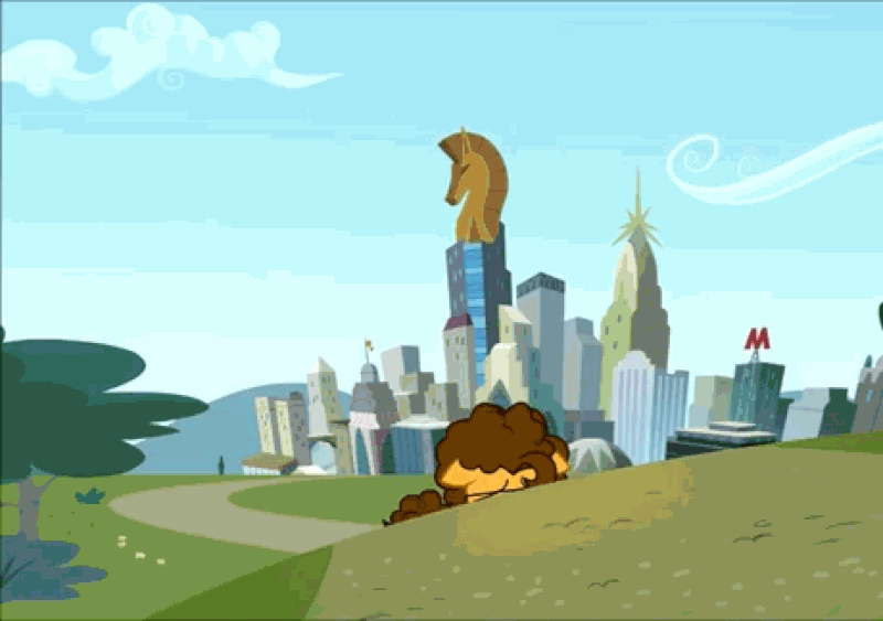Size: 800x563 | Tagged: safe, edit, screencap, character:cheese sandwich, species:earth pony, species:pony, episode:pinkie pride, g4, my little pony: friendship is magic, animated, city, cityscape, colt, crystaller building, gif, glasses, looking back, male, manehattan, solo, walking, younger