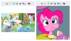 Size: 712x406 | Tagged: safe, edit, edited screencap, screencap, character:pinkie pie, character:trixie, derpibooru, episode:all bottled up, episode:equestria games, g4, my little pony: friendship is magic, food, juxtaposition, meta, popcorn