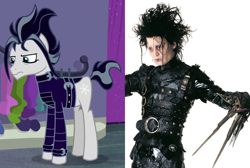 Size: 980x660 | Tagged: safe, edit, edited screencap, screencap, character:snow hope, species:earth pony, species:pony, episode:fake it 'til you make it, clothing, cropped, edward scissorhands, goth pony, jacket, johnny depp, leather jacket, male, solo, stallion