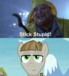 Size: 1270x1385 | Tagged: safe, edit, edited screencap, screencap, character:mudbriar, species:human, species:pony, episode:the maud couple, g4, my little pony: friendship is magic, clothing, crossover, dennis nedry, dialogue, jurassic park, male, meme, stallion, stick, this will end in death, this will end in pain