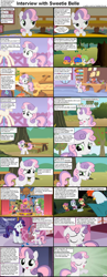 Size: 1282x3304 | Tagged: safe, edit, edited screencap, screencap, character:apple bloom, character:rarity, character:scootaloo, character:sweetie belle, species:cockatrice, species:earth pony, species:pegasus, species:pony, species:unicorn, comic:celestia's servant interview, caption, comic, cutie mark crusaders, female, filly, foal, interview, mare, screencap comic, tree sap