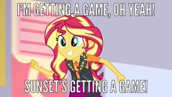 Size: 1024x576 | Tagged: safe, edit, edited screencap, screencap, character:sunset shimmer, episode:a fine line, g4, my little pony: equestria girls, my little pony:equestria girls, gamer sunset, happy, mall, meme, running