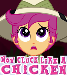 Size: 745x844 | Tagged: safe, edit, edited screencap, screencap, character:scootaloo, species:pegasus, species:pony, episode:the canterlot movie club, eqg summertime shorts, g4, my little pony: equestria girls, my little pony:equestria girls, caption, cropped, dan green, expand dong, exploitable meme, female, image macro, meme, scootachicken, solo