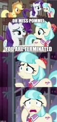 Size: 500x1055 | Tagged: safe, edit, edited screencap, screencap, character:applejack, character:coco pommel, character:rarity, episode:fake it 'til you make it, episode:made in manehattan, g4, my little pony: friendship is magic, comic, floppy ears, impact font, screencap comic, you're fired