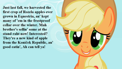Size: 1152x648 | Tagged: safe, edit, edited screencap, screencap, character:applejack, episode:sisterhooves social, g4, my little pony: friendship is magic, bronybait, cropped, cute, happy, implied big macintosh, jackabetes, smiling, text, that pony sure does love apples