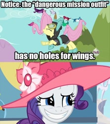 Size: 576x648 | Tagged: safe, edit, edited screencap, screencap, character:fluttershy, character:rarity, species:pegasus, species:pony, species:unicorn, episode:magic duel, episode:sweet and elite, g4, my little pony: friendship is magic, bunny ears, caption, clothing, dangerous mission outfit, female, goggles, hat, hoodie, image macro, mare, smiling, trollface
