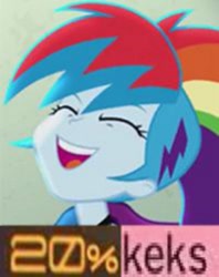 Size: 280x354 | Tagged: safe, edit, edited screencap, screencap, character:rainbow dash, episode:friendship through the ages, g4, my little pony: equestria girls, my little pony:equestria girls, 20% cooler, 200% mad, and that's terrible, caption, clothing, cropped, expand dong, exploitable meme, female, forty keks, image macro, jacket, kek, laughing, lex luthor, meme, smiling, solo