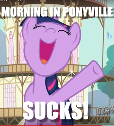 Size: 711x788 | Tagged: safe, edit, edited screencap, screencap, character:twilight sparkle, species:pony, episode:magical mystery cure, g4, my little pony: friendship is magic, cropped, female, image macro, meme, morning in ponyville, singing, solo