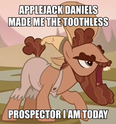 Size: 609x652 | Tagged: safe, edit, edited screencap, screencap, species:earth pony, species:pony, episode:the hooffields and mccolts, g4, my little pony: friendship is magic, applejack daniel's, beard, clothing, cropped, facial hair, grub hooffield, hat, hooffield family, image macro, male, meme, solo, stallion