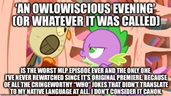 Size: 888x499 | Tagged: safe, edit, edited screencap, screencap, character:owlowiscious, character:spike, episode:owl's well that ends well, g4, my little pony: friendship is magic, golden oaks library, image macro, meme, op is a duck, op is trying to start shit, opinion, pun, who