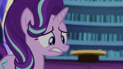 Size: 1280x720 | Tagged: safe, edit, edited screencap, screencap, character:starlight glimmer, species:pony, episode:the crystalling, g4, my little pony: friendship is magic, animated, anxiety, bell, book, bookshelf, clenched teeth, darkness, desk, eyes closed, fear, female, lighting, noise, panic attack, scared, silent hill, slow motion, solo, sound, sweat, twilight's castle, twilight's castle library, webm, wince, zoom, zoom in