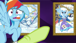 Size: 1966x1107 | Tagged: safe, edit, edited screencap, screencap, character:granny smith, character:rainbow dash, character:trixie, episode:grannies gone wild, equestria girls:forgotten friendship, g4, my little pony: equestria girls, my little pony: friendship is magic, my little pony:equestria girls, clothing, cutie mark clothes, dress, granny smith choosing poster, jacket, jewelry, joker, magic, magic show, magic trick, magic wand, meme, necklace, playing card, poster