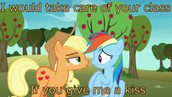 Size: 1920x1080 | Tagged: safe, edit, edited screencap, screencap, character:applejack, character:rainbow dash, ship:appledash, episode:grannies gone wild, g4, my little pony: friendship is magic, apple tree, bribery, caption, female, image macro, imminent kissing, lesbian, meme, one sided shipping, out of context, shipping, tree