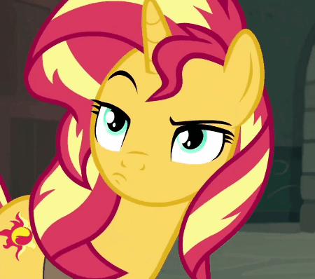 Size: 450x398 | Tagged: safe, edit, screencap, character:sunset shimmer, equestria girls:forgotten friendship, g4, my little pony: equestria girls, my little pony:equestria girls, animated, cropped, female, gif, horn, most likely to be forgotten, raised eyebrow, solo, sunset shimmer is not amused, unamused