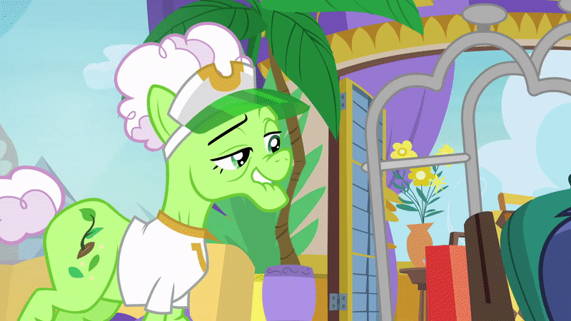 Size: 800x450 | Tagged: safe, edit, edited screencap, screencap, character:auntie applesauce, character:welcome inn, species:earth pony, species:pony, episode:grannies gone wild, g4, my little pony: friendship is magic, animated, bits, clothing, coin, every day we stray further from god's light, eyes on the prize, female, hat, male, mare, reversed, shirt, stallion, you know for kids