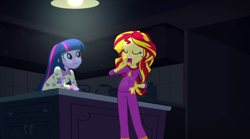 Size: 1280x714 | Tagged: safe, edit, edited screencap, screencap, character:sunset shimmer, character:twilight sparkle, comic:a new change, equestria girls:rainbow rocks, g4, my little pony: equestria girls, my little pony:equestria girls, clothing, pajamas, pregnant, pregnant edit, teen pregnancy, yawn