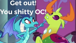 Size: 1280x720 | Tagged: safe, edit, edited screencap, screencap, character:princess ember, character:thorax, species:changeling, species:reformed changeling, episode:school daze, g4, my little pony: friendship is magic, abuse, caption, op is a duck, op is trying to start shit, sad, shitposting, thorabuse, vulgar