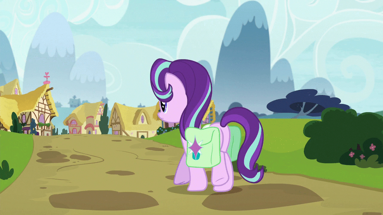 Size: 1280x720 | Tagged: safe, edit, edited screencap, screencap, character:starlight glimmer, species:pony, species:unicorn, episode:rock solid friendship, g4, my little pony: friendship is magic, animated, bush, caption, female, flower, gif, house, looking back, mountain, path, ponyville, saddle bag, scenery, smiling, solo, text, tree, walking