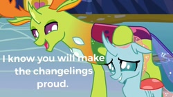 Size: 1280x720 | Tagged: safe, edit, edited screencap, screencap, character:ocellus, character:thorax, species:changeling, species:reformed changeling, episode:school daze, g4, my little pony: friendship is magic, caption, cute, diaocelles, female, male, papa thorax