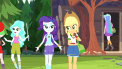 Size: 1280x720 | Tagged: safe, edit, screencap, character:applejack, character:rarity, equestria girls:legend of everfree, g4, my little pony: equestria girls, my little pony:equestria girls, animated, bag, bracelet, clothing, commentary, converse, cowboy hat, denim, flute, freckles, hat, hip sway, jewelry, loop, musical instrument, shoes, shorts, socks, sound, stetson, walking, webm