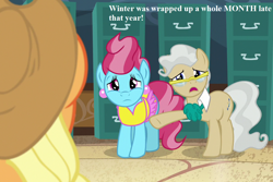 Size: 1080x720 | Tagged: safe, edit, edited screencap, screencap, character:applejack, character:cup cake, character:mayor mare, episode:the perfect pear, g4, my little pony: friendship is magic, applejack's hat, clothing, cowboy hat, cropped, epic fail, fail, filing cabinet, hat, text, town hall, winter wrap up (event)