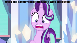 Size: 1280x720 | Tagged: safe, edit, edited screencap, screencap, character:starlight glimmer, episode:the times they are a changeling, g4, my little pony: friendship is magic, crystal, crystal palace, female, image macro, meme, shocked, solo