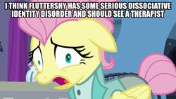 Size: 1920x1080 | Tagged: safe, edit, edited screencap, screencap, character:fluttershy, species:pegasus, species:pony, episode:fake it 'til you make it, clothing, dissociation, dissociative identity disorder, female, image macro, mare, meme, mental illness, multiple personality, nervous, open mouth, severeshy