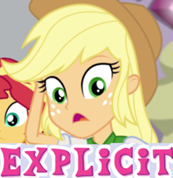 Size: 700x720 | Tagged: safe, edit, edited screencap, screencap, character:applejack, character:sunset shimmer, my little pony:equestria girls, caption, cropped, expand dong, exploitable meme, image macro, meme, meta:explicit, solo focus, wow! glimmer