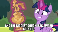 Size: 600x337 | Tagged: safe, edit, edited screencap, screencap, character:twilight sparkle, character:twilight sparkle (alicorn), species:alicorn, species:pony, episode:surf and/or turf, g4, my little pony: friendship is magic, award, image macro, meme, trophy
