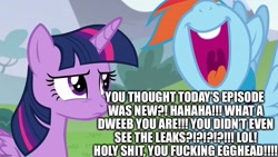 Size: 1280x720 | Tagged: safe, edit, edited screencap, screencap, character:rainbow dash, character:twilight sparkle, character:twilight sparkle (alicorn), species:alicorn, species:pony, episode:what about discord?, g4, my little pony: friendship is magic, egghead, image macro, laughing, meme, op is a duck, op is trying to start shit, vulgar