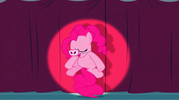 Size: 600x338 | Tagged: safe, edit, edited screencap, screencap, character:pinkie pie, species:pony, episode:baby cakes, g4, my little pony: friendship is magic, animated, bouncing, curtains, cute, dancing, female, looking at you, perfect loop, pig, piggie pie, pinkie being pinkie, pinkie physics, silly, silly pony, solo, spotlight, tail stand