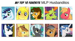 Size: 1181x652 | Tagged: safe, edit, edited screencap, screencap, character:big mcintosh, character:braeburn, character:cheese sandwich, character:fancypants, character:flash sentry, character:quibble pants, character:shining armor, character:soarin', character:thorax, character:thunderlane, species:changeling, species:earth pony, species:pegasus, species:pony, species:reformed changeling, species:unicorn, episode:hurricane fluttershy, episode:over a barrel, episode:pinkie pride, episode:rainbow falls, episode:stranger than fanfiction, episode:sweet and elite, equestria girls:equestria girls, g4, my little pony: equestria girls, my little pony: friendship is magic, my little pony:equestria girls, bust, clothing, cowboy hat, goggles, hat, helmet, husbando, i meant to write husbandos not husbanditos, male, misspelling, portrait, stallion