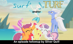 Size: 1280x784 | Tagged: safe, edit, edited screencap, screencap, character:apple bloom, character:ocean flow, character:scootaloo, character:sky beak, character:sweetie belle, character:terramar, oc, oc:silver quill, species:pegasus, species:pony, episode:surf and/or turf, g4, my little pony: friendship is magic, cutie mark, cutie mark crusaders, episode followup, high five, text, the cmc's cutie marks
