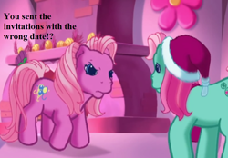 Size: 840x584 | Tagged: safe, edit, edited screencap, screencap, character:minty, character:pinkie pie (g3), episode:a very minty christmas, g3, christmas, clothing, cropped, hat, holiday, oh minty minty minty, santa hat, text