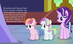 Size: 1024x625 | Tagged: safe, edit, edited screencap, screencap, character:coconut cream, character:starlight glimmer, character:toola roola, episode:fame and misfortune, episode:surf and/or turf, g4, my little pony: friendship is magic, cropped, text, toola roola will be painting away, twilight's castle
