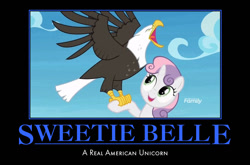 Size: 659x436 | Tagged: safe, edit, edited screencap, screencap, character:sweetie belle, species:pony, species:unicorn, episode:surf and/or turf, g4, my little pony: friendship is magic, bald eagle, discovery family logo, eagle, eyes closed, falconry, female, filly, meme, motivational poster, open beak, screech, solo, spread wings, wings