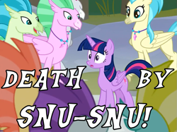 Size: 825x616 | Tagged: safe, edit, edited screencap, screencap, character:twilight sparkle, character:twilight sparkle (alicorn), species:alicorn, species:hippogriff, species:pony, episode:surf and/or turf, g4, my little pony: friendship is magic, caption, cute, death by snu snu, female, futurama, implied death, implied sex, mare, snu-snu, text, twiabetes, wide eyes