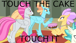 Size: 1392x798 | Tagged: safe, edit, edited screencap, screencap, species:classical hippogriff, species:hippogriff, episode:surf and/or turf, g4, my little pony: friendship is magic, background hippogriff, cake, female, food, male