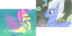 Size: 2880x1440 | Tagged: safe, edit, edited screencap, screencap, character:ocean flow, character:sky beak, species:classical hippogriff, species:hippogriff, species:seapony (g4), episode:surf and/or turf, g4, my little pony: friendship is magic, bedroom eyes, cropped, female, flowbeak, husband and wife, lip bite, male, mount aris, shipping, smiling, straight