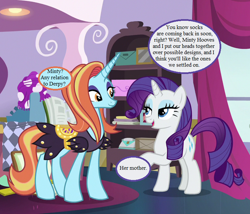 Size: 756x648 | Tagged: safe, edit, edited screencap, screencap, character:rarity, character:sassy saddles, episode:forever filly, g3, g4, my little pony: friendship is magic, canterlot carousel, dialogue, g3 to g4, generation leap, implied derpy, implied minty, speech bubble, text