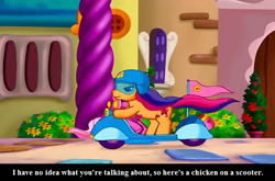 Size: 588x388 | Tagged: safe, edit, edited screencap, screencap, character:pinkie pie (g3), character:scootaloo (g3), g3, meet the ponies, cropped, helmet, ponyville (g3), reaction image, redone, scootachicken, scooter