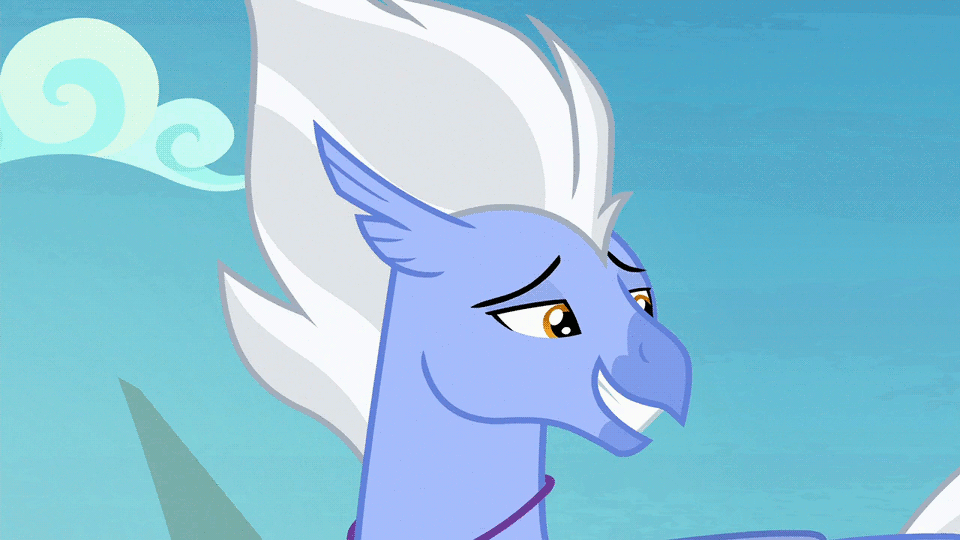 Size: 960x540 | Tagged: safe, edit, screencap, character:ocean flow, character:sky beak, species:classical hippogriff, species:hippogriff, species:seapony (g4), episode:surf and/or turf, g4, my little pony: friendship is magic, animated, bedroom eyes, camera pan, cliff, female, gif, grin, husband and wife, lidded eyes, loop, male, nodding, ocean, slow motion, smiling