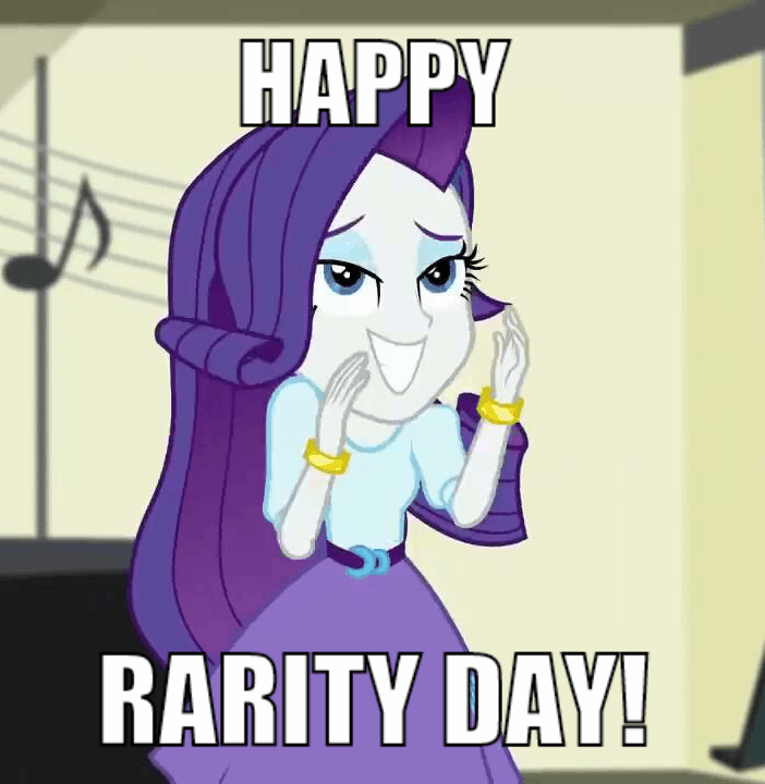 Size: 702x720 | Tagged: safe, edit, edited screencap, screencap, character:rarity, my little pony:equestria girls, spoiler:eqg specials, animated, caption, cropped, cute, female, gif, gif with captions, happiness, happy, image macro, meme, raribetes, rarity day, shaped like itself, smiling, solo, text