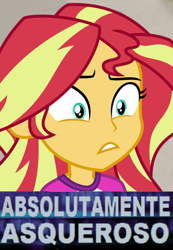 Size: 400x577 | Tagged: safe, edit, edited screencap, screencap, character:sunset shimmer, equestria girls:legend of everfree, g4, my little pony: equestria girls, my little pony:equestria girls, absolutely disgusting, cropped, female, meme, portuguese, solo, spanish