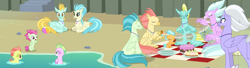Size: 3990x1080 | Tagged: safe, edit, screencap, character:sunspray, species:classical hippogriff, species:hippogriff, species:seapony (g4), episode:surf and/or turf, g4, my little pony: friendship is magic, baby seaponies (g4), background hippogriff, background sea pony, beach, beach ball, bowl, bread, cake, cliff, coexist, cookie, cup, cupcake, drums, eyes closed, fledgeling, food, panorama, picnic, picnic blanket, plate, playing, prone, seashell, seaweed, sitting, unnamed hippogriff, unnamed seapony