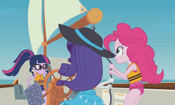 Size: 601x360 | Tagged: safe, edit, edited screencap, screencap, character:pinkie pie, character:rarity, character:twilight sparkle, character:twilight sparkle (scitwi), species:eqg human, episode:the salty sails, g4, my little pony: equestria girls, my little pony:equestria girls, animated, clothing, glasses, hat, lifejacket, map, ocean, rope, sailing, ship, sun hat, swimsuit, wind