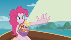 Size: 1632x918 | Tagged: safe, edit, edited screencap, screencap, character:pinkie pie, episode:the salty sails, g4, my little pony: equestria girls, my little pony:equestria girls, clothing, cupcake, female, food, ocean, pinkie's basket treasure, sailing, ship, solo, swimsuit, template