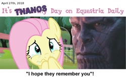 Size: 1280x800 | Tagged: safe, edit, edited screencap, screencap, character:fluttershy, equestria daily, spoilers for another series, avengers: infinity war, crying, i hope they remember you, infinity war, looking at camera, thanos