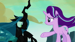Size: 1920x1080 | Tagged: safe, edit, edited screencap, screencap, character:queen chrysalis, character:starlight glimmer, character:twilight sparkle, character:twilight sparkle (alicorn), species:alicorn, species:changeling, species:pony, species:unicorn, episode:to where and back again, g4, my little pony: friendship is magic, alternate ending, animated, bad end, beam, bittersweet, changeling queen, comforting, dark comedy, death, disintegration, female, former queen chrysalis, frown, good end, grimderp, hug, magic blast, mare, morally ambiguous end, murder, regicide, sad, season 6, smiling, sound, support, unsure, webm