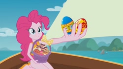 Size: 1387x780 | Tagged: safe, edit, edited screencap, screencap, character:pinkie pie, episode:the salty sails, g4, my little pony: equestria girls, my little pony:equestria girls, clothing, cupcake, egg, food, ocean, pinkie's basket treasure, sailing, ship, swimsuit
